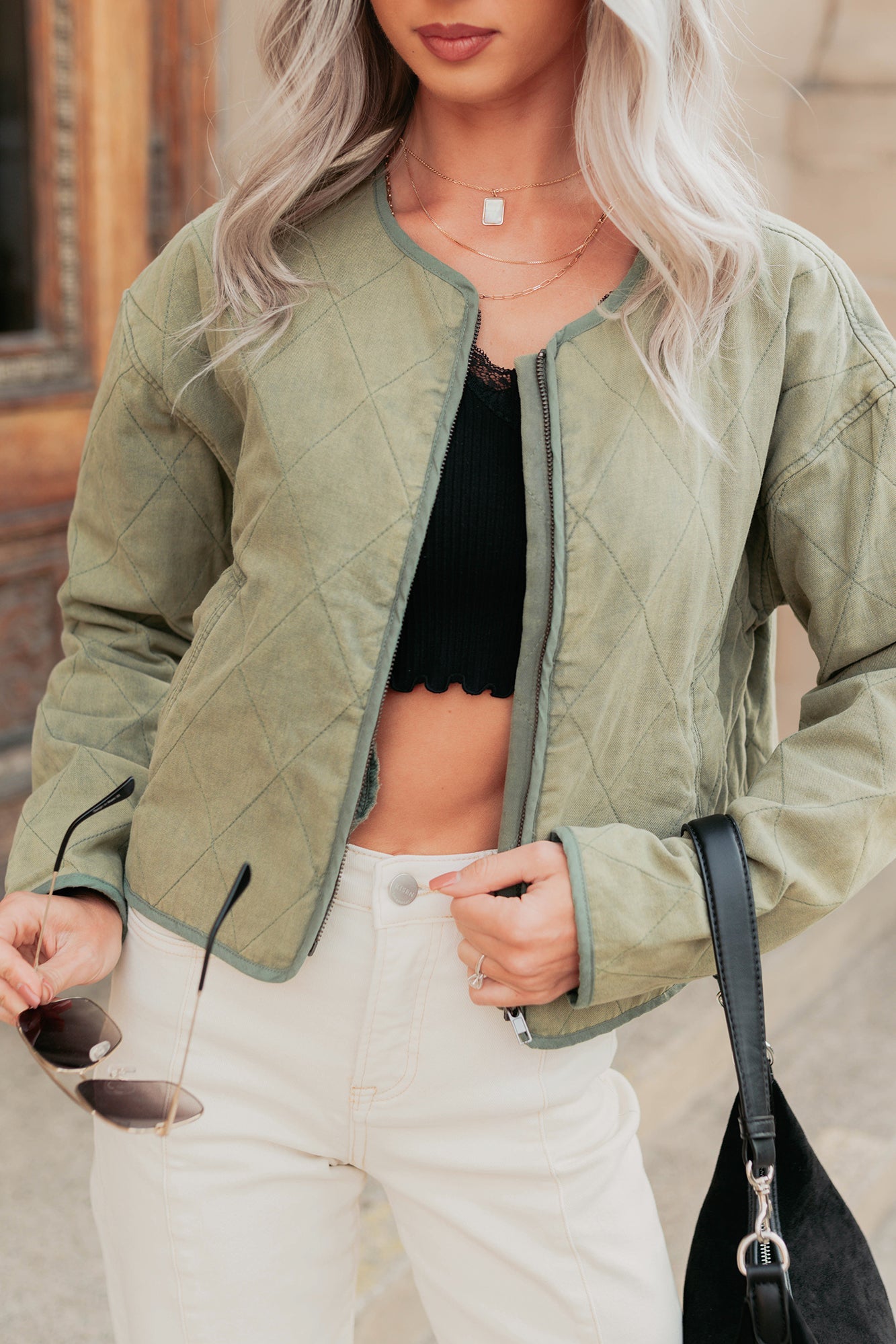 Natural Essence Quilted Zip-Up Jacket (Vintage Olive)