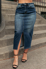 Authentic Aura Front Slit Mica Denim Midi Skirt (Dark)