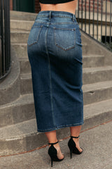 Authentic Aura Front Slit Mica Denim Midi Skirt (Dark)