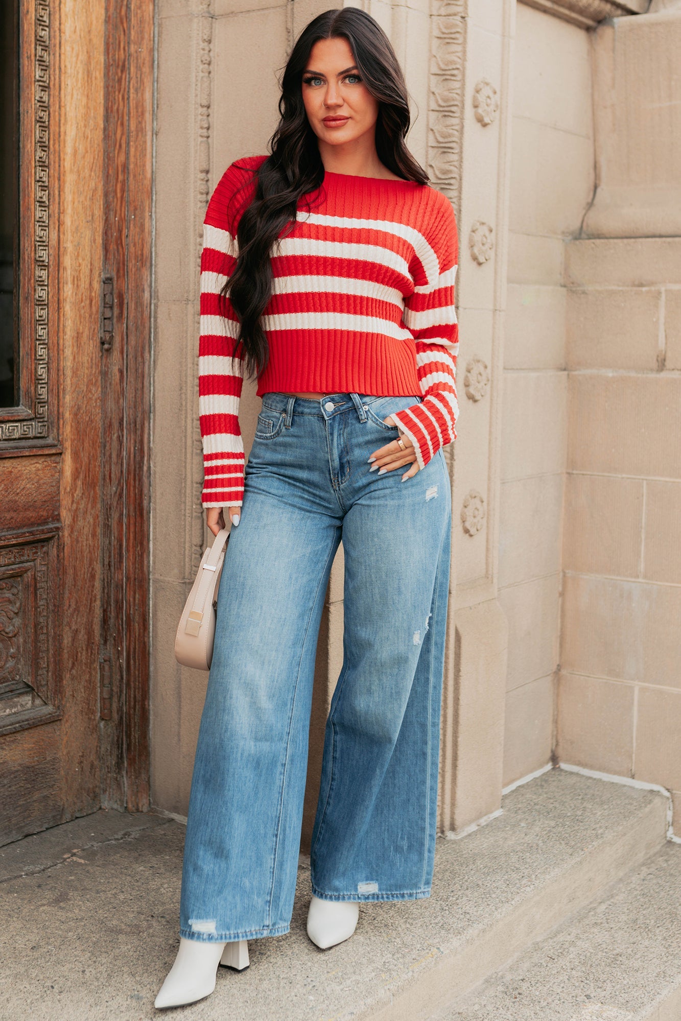 Give And Take Striped Boat Neck Sweater (Red)