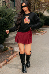 Playing For Keeps Teddy Bear Graphic Sweater (Black/Red)