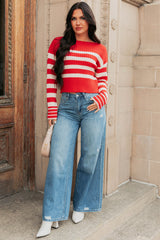 Give And Take Striped Boat Neck Sweater (Red)