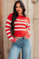 Give And Take Striped Boat Neck Sweater (Red)