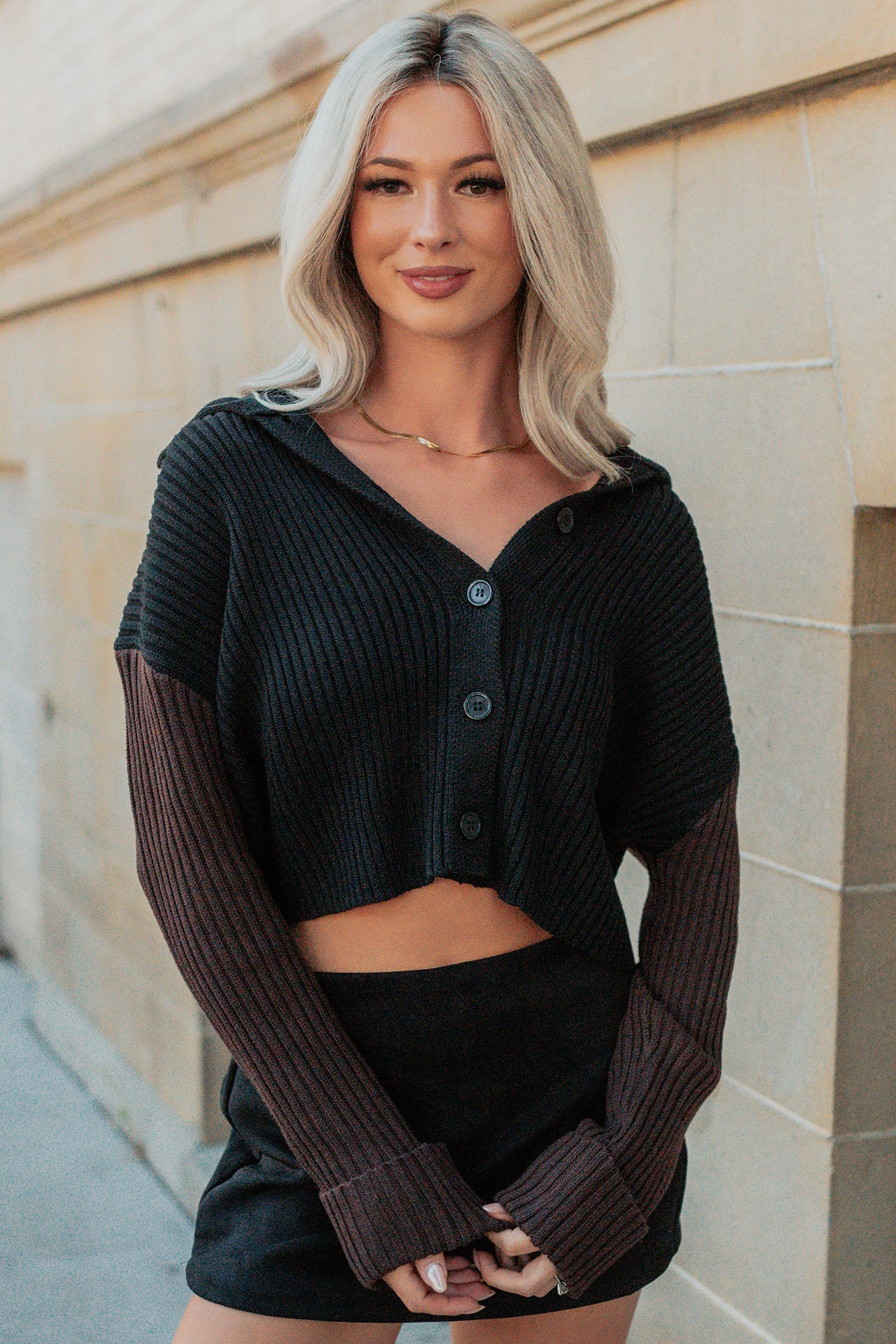 Dream Mirage Contrast Sleeve Cardigan Sweater (Black)