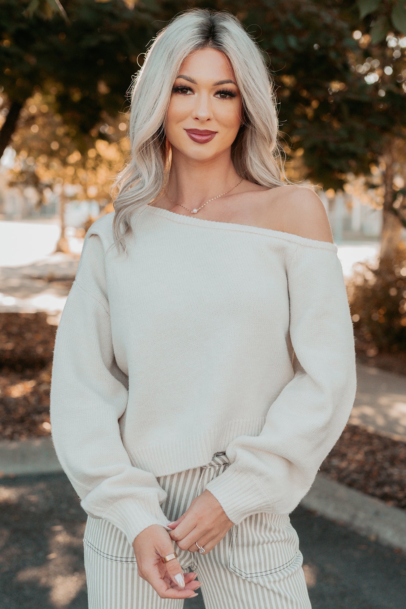 Into Your Arms One-Shoulder Knit Sweater (Cream)