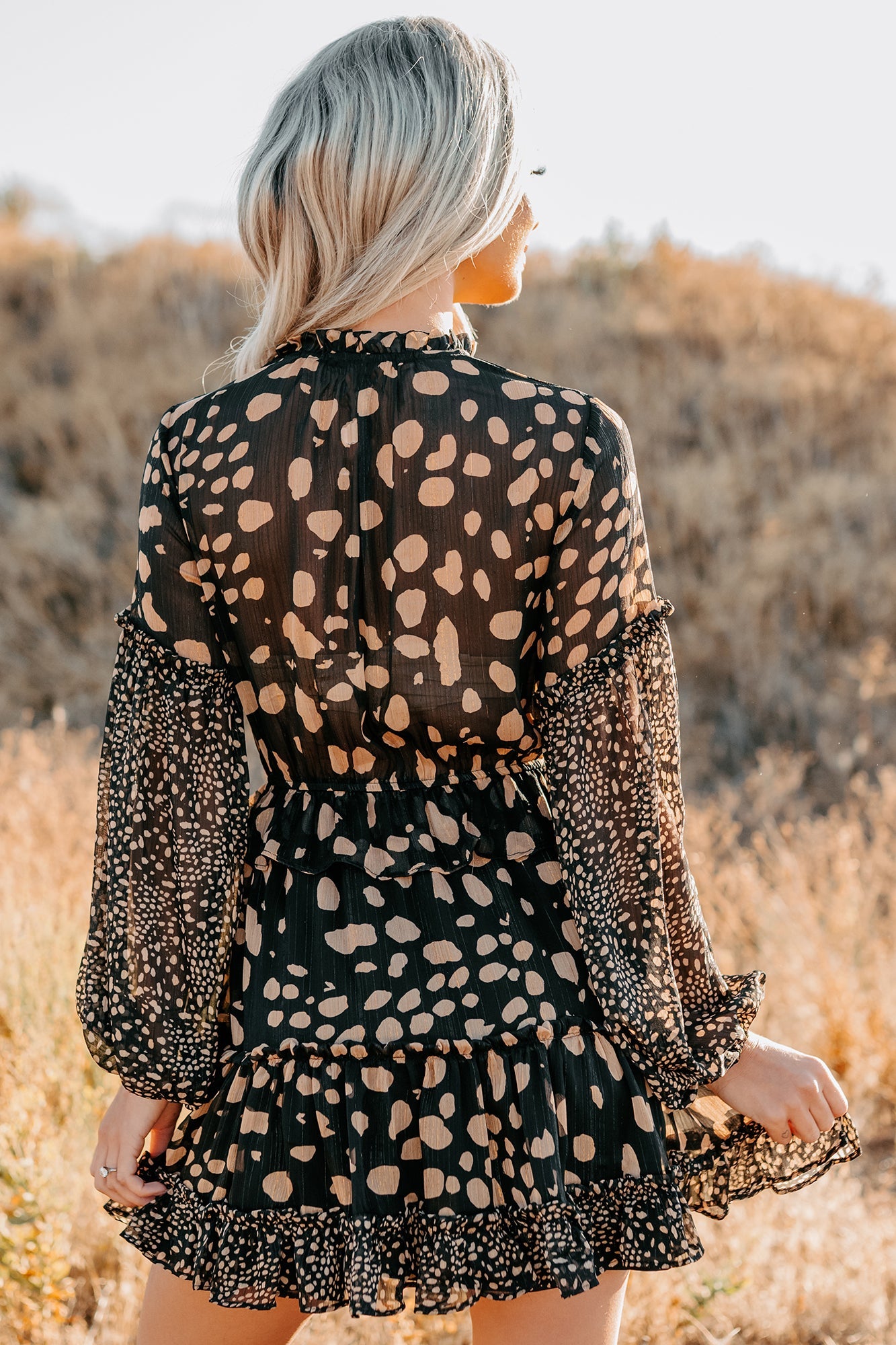 Good As Gold Chiffon Ruffle Mini Dress (Black Print)