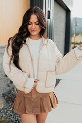 Pure Desire Contrast Trim Quilted Puffer Jacket (Beige)