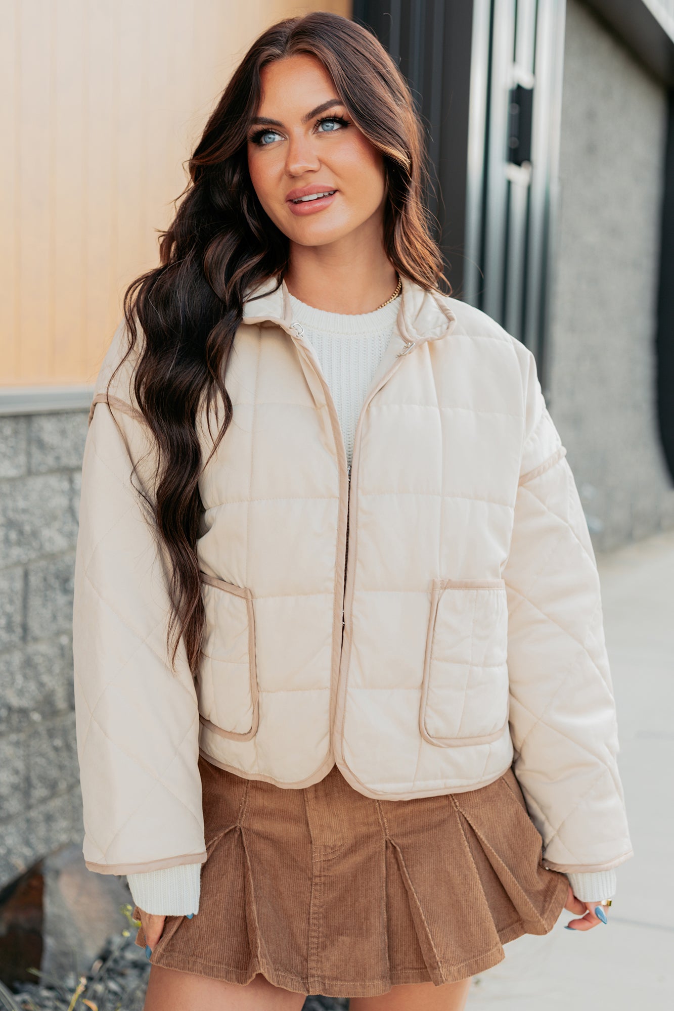 Pure Desire Contrast Trim Quilted Puffer Jacket (Beige)