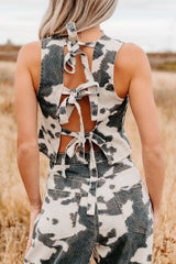 Blushin' Boots Sleeveless Denim Cow Print Top (Brown)