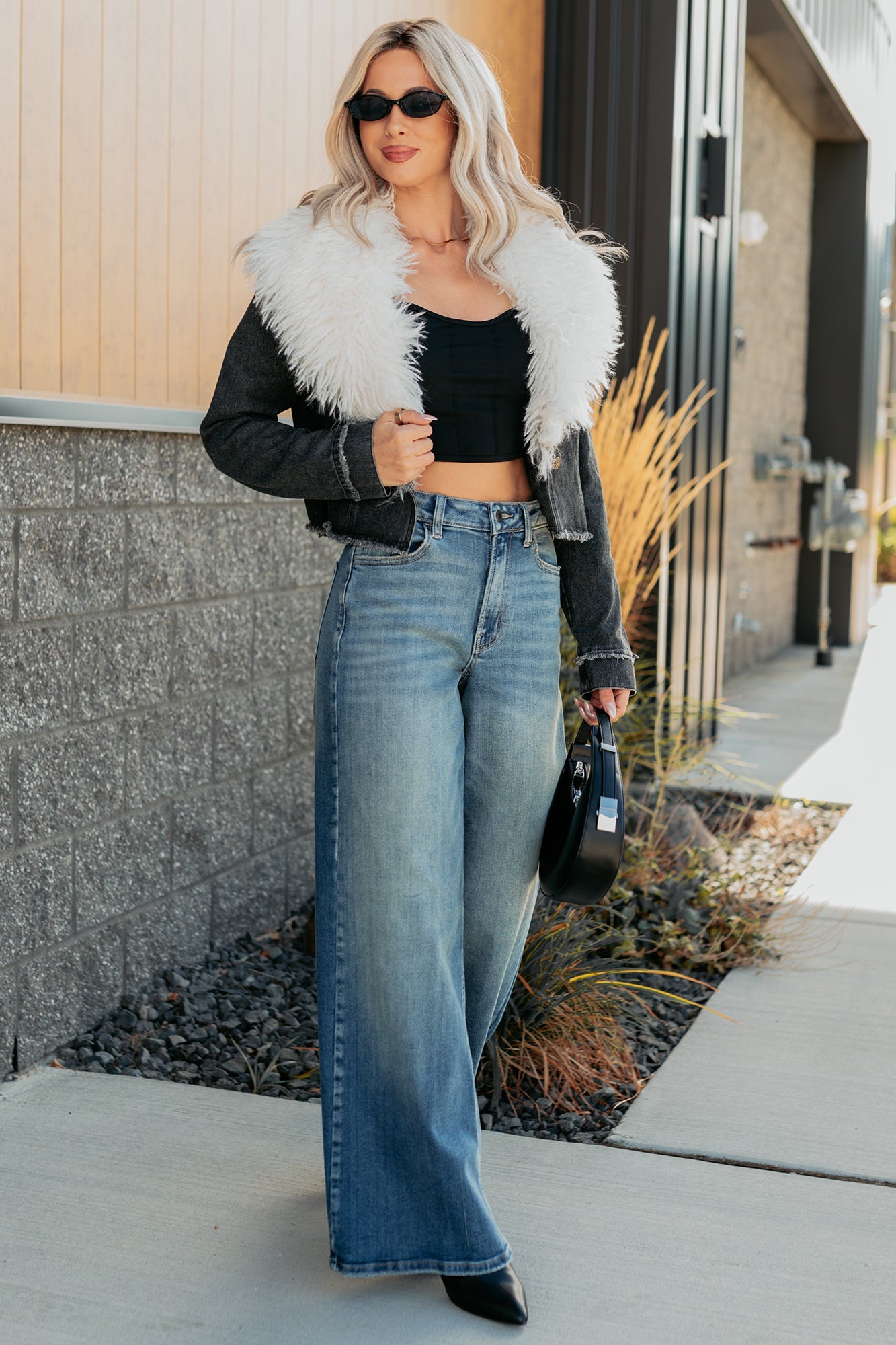 Unapologetic Glow Denim Fur Collar Jacket (Black)