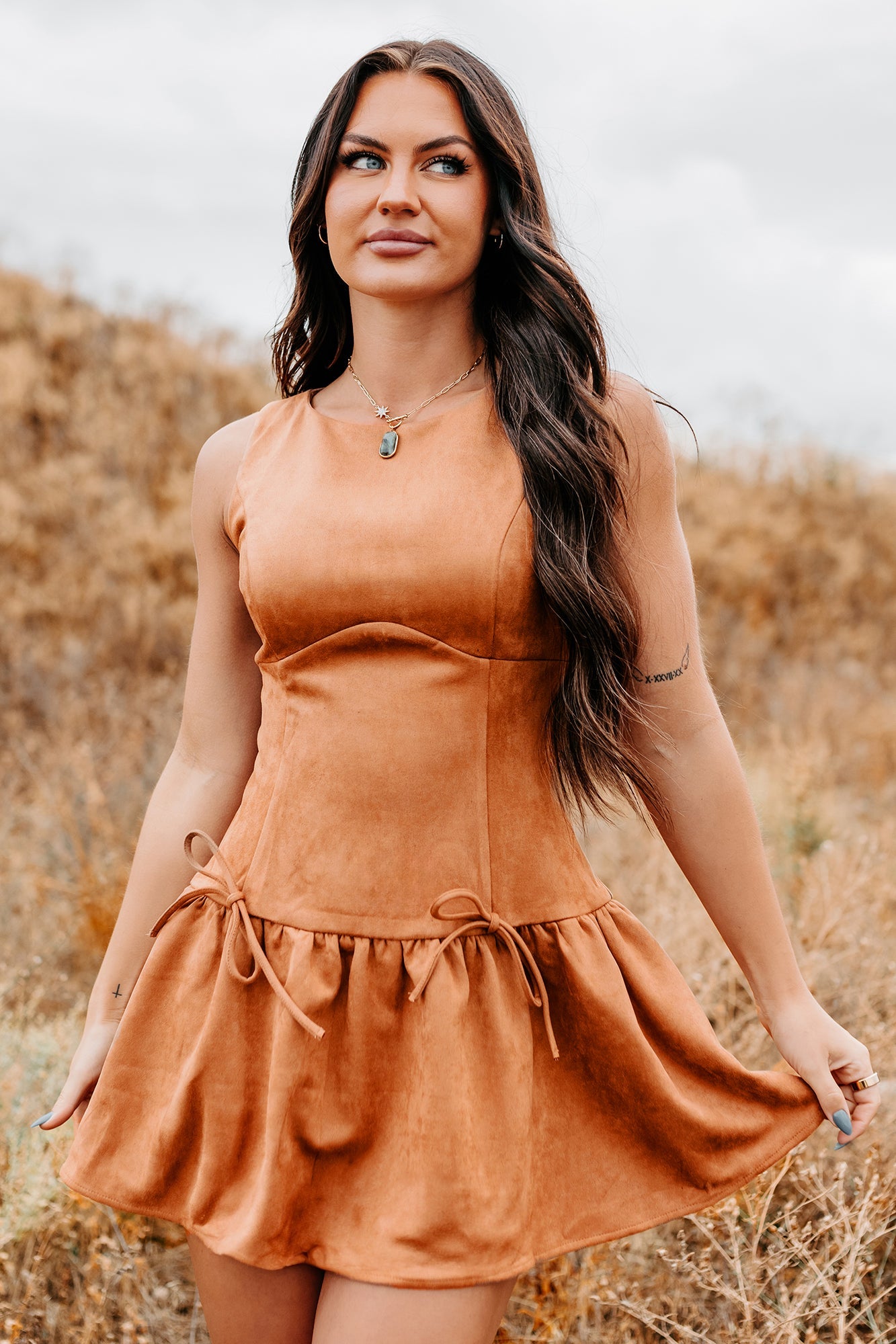 Wish You Luck Sleeveless Faux Suede Mini Dress (Camel)