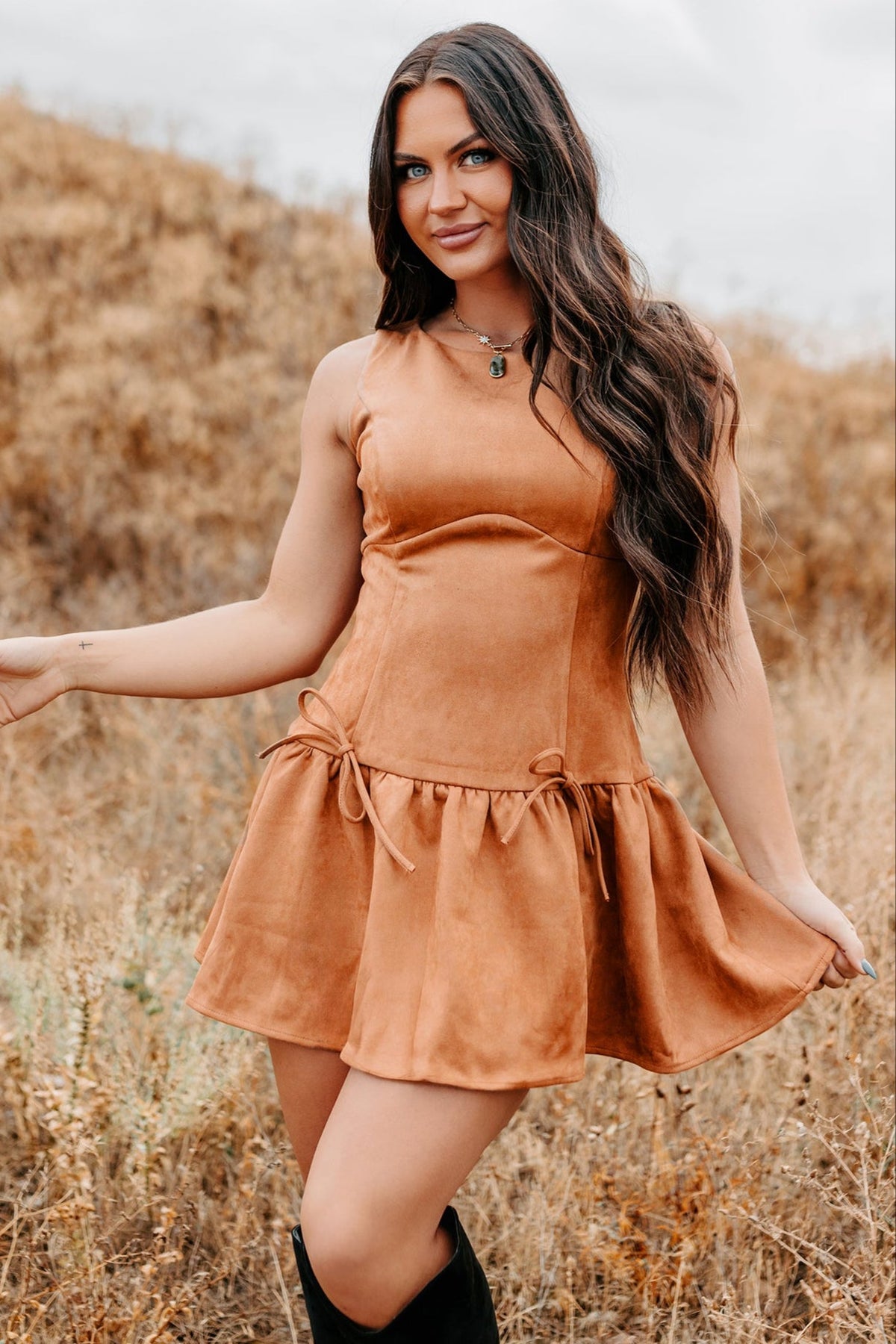 Wish You Luck Sleeveless Faux Suede Mini Dress (Camel)