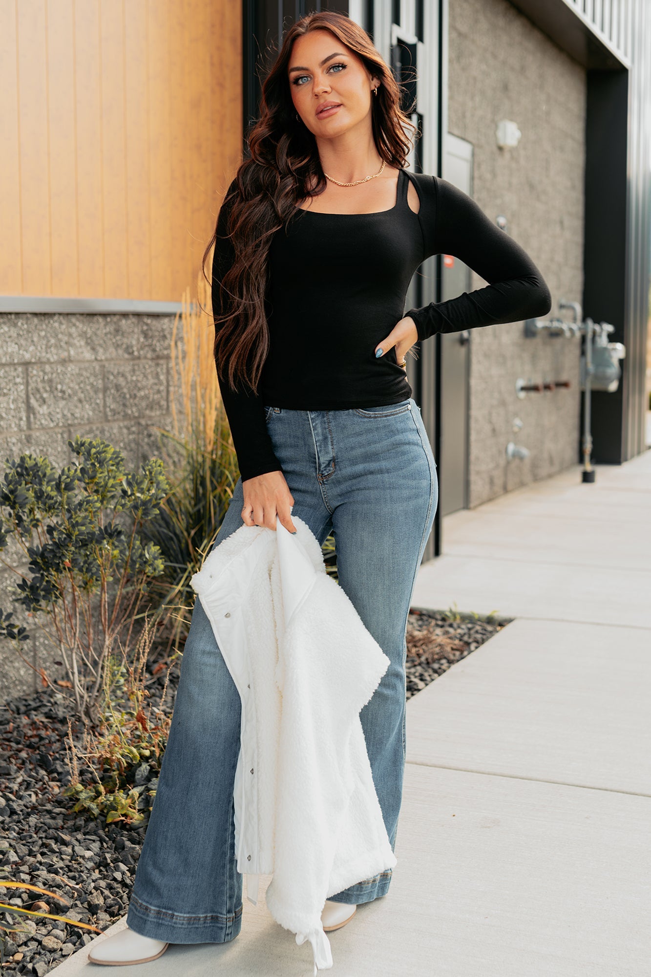 Comfort Space Square Neck Cut-Out Top (Black)