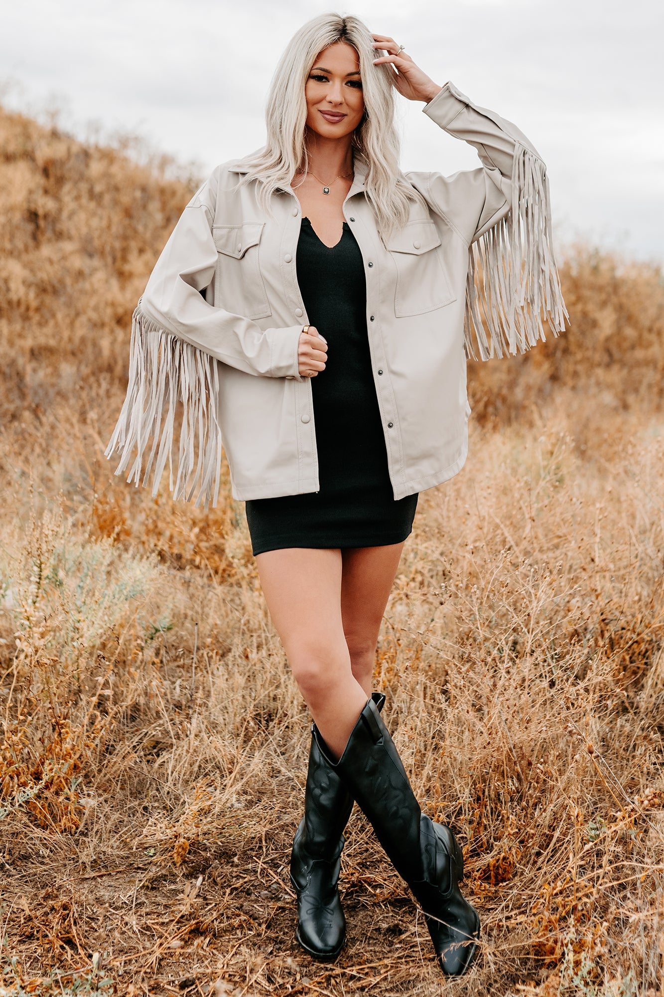 Wild West Whimsy Fringe Faux Leather Jacket (Cream)