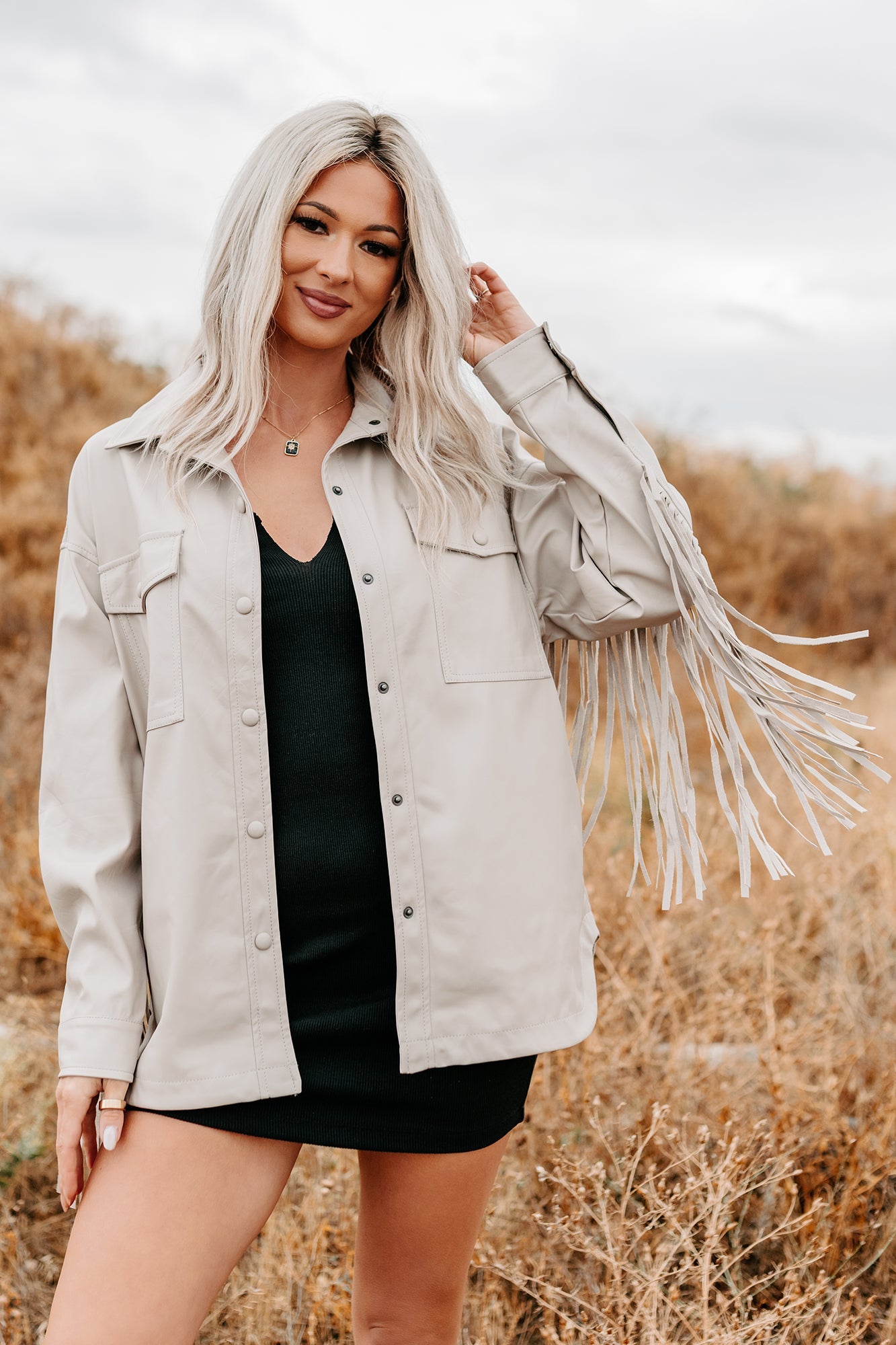 Wild West Whimsy Fringe Faux Leather Jacket (Cream)
