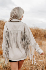 Wild West Whimsy Fringe Faux Leather Jacket (Cream)