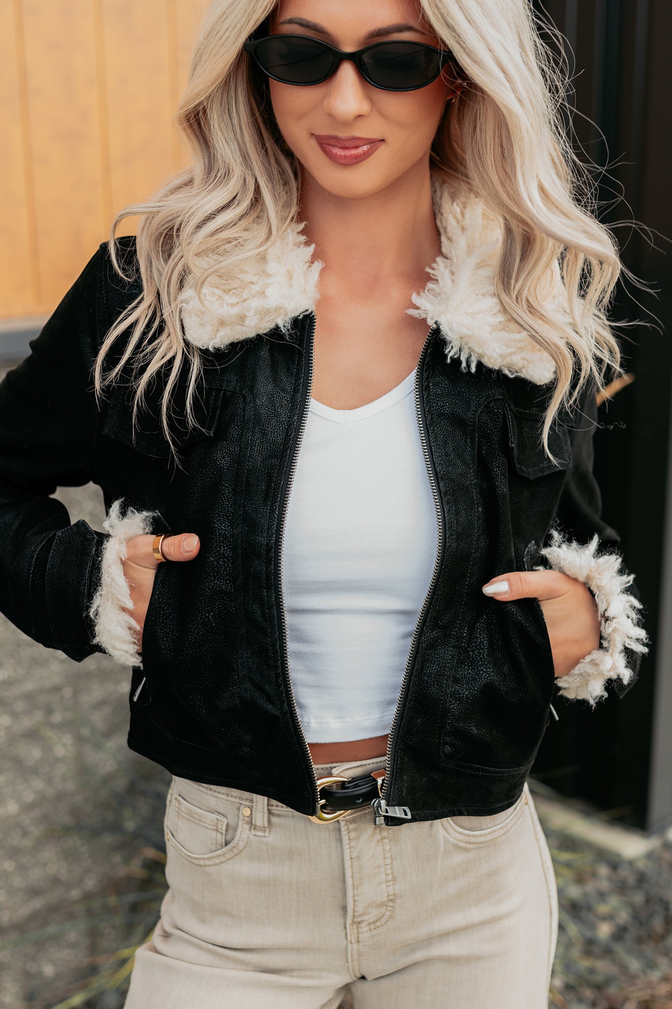 Soulful Strolls Shearling Aviator Jacket (Black/Cream)