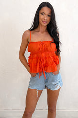 Chasing Sunshine Tiered Ruffle Babydoll Cami Top (Red Orange)