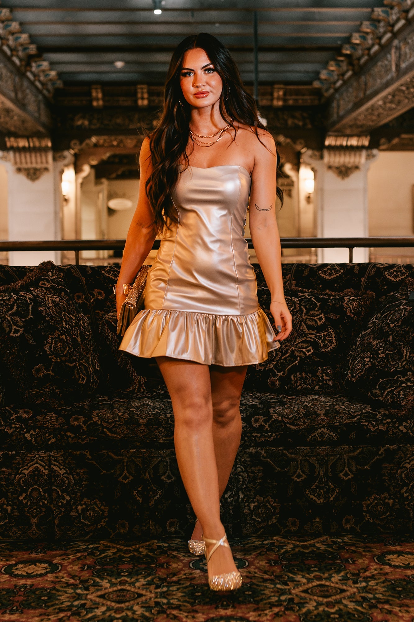 My Shining Moment Strapless Ruffled Faux Leather Dress (Champagne Gold)