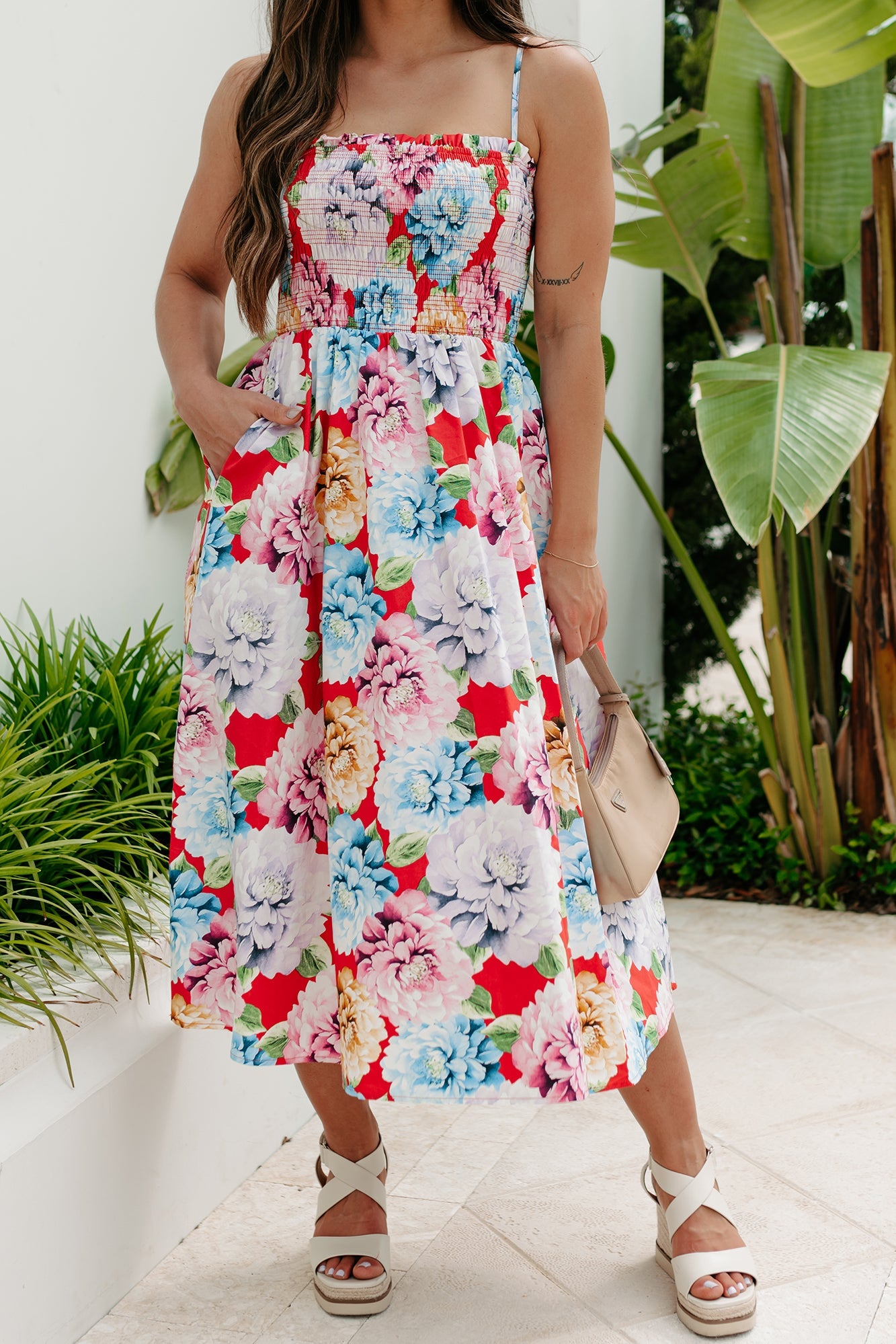 Colorful On The Coast Smocked Floral Midi Dress (Orange Multi)