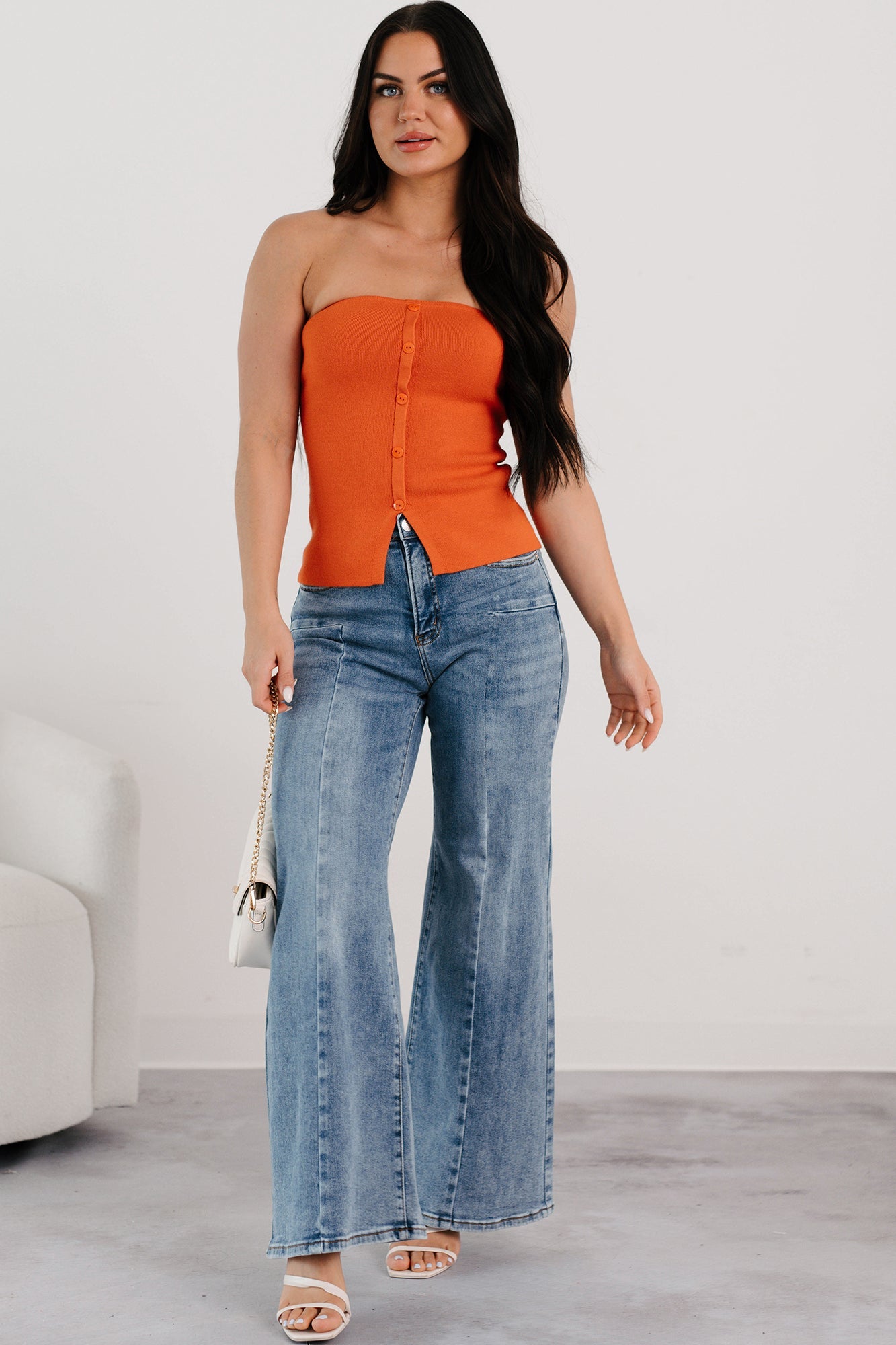 Chic Essentials Strapless Buttoned Knit Top (Tomato)