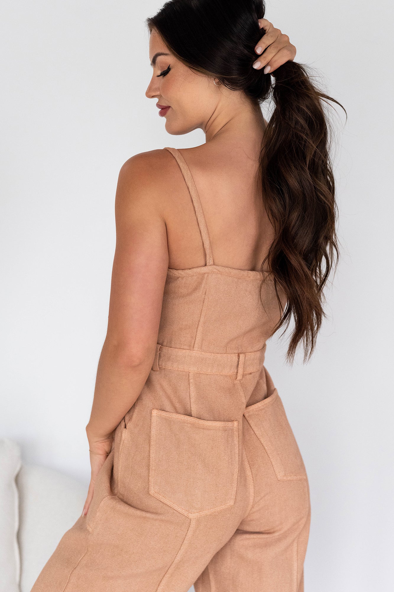Memories In Focus Button Front Denim Jumpsuit (Terracotta)