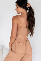 Memories In Focus Button Front Denim Jumpsuit (Terracotta)