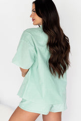Sigrid Oversized Short Sleeve Button-Down (Green/White Stripe)