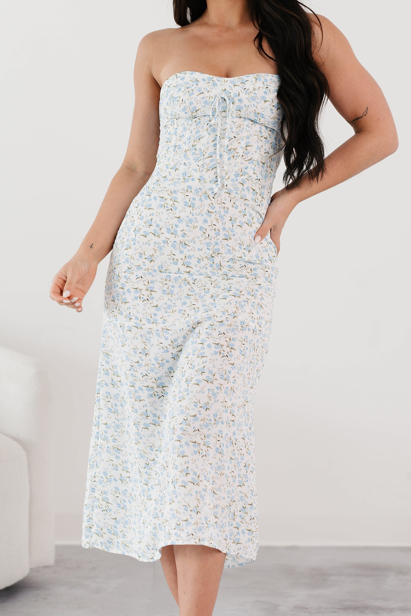 Authentically Me Strapless Floral Midi Dress (Blue)