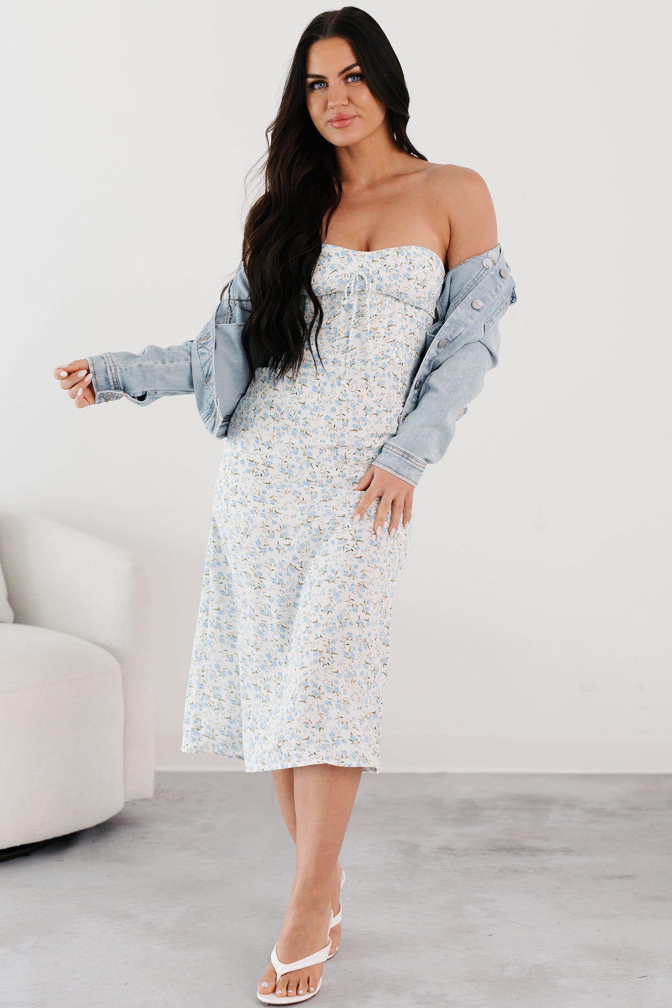 Authentically Me Strapless Floral Midi Dress (Blue)