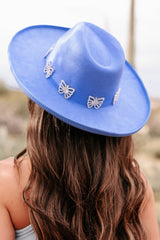Where Beauty Reigns Rhinestone Butterfly Pencil Brim Hat (Blue)