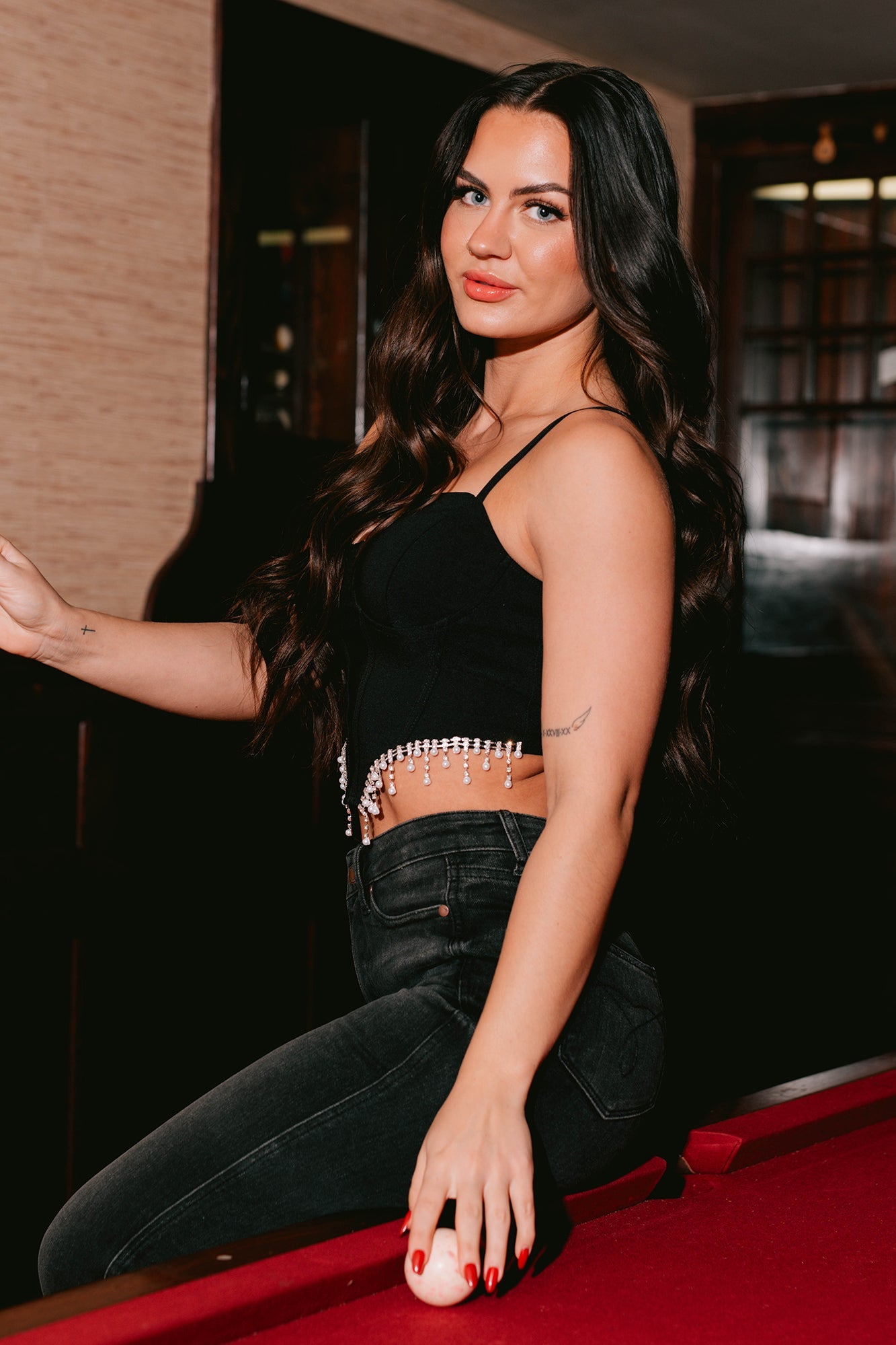 Fixed On You Rhinestone Pearl Fringe Top (Black)