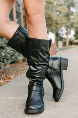 Clocking In Faux Leather Knee High Boots (Black)