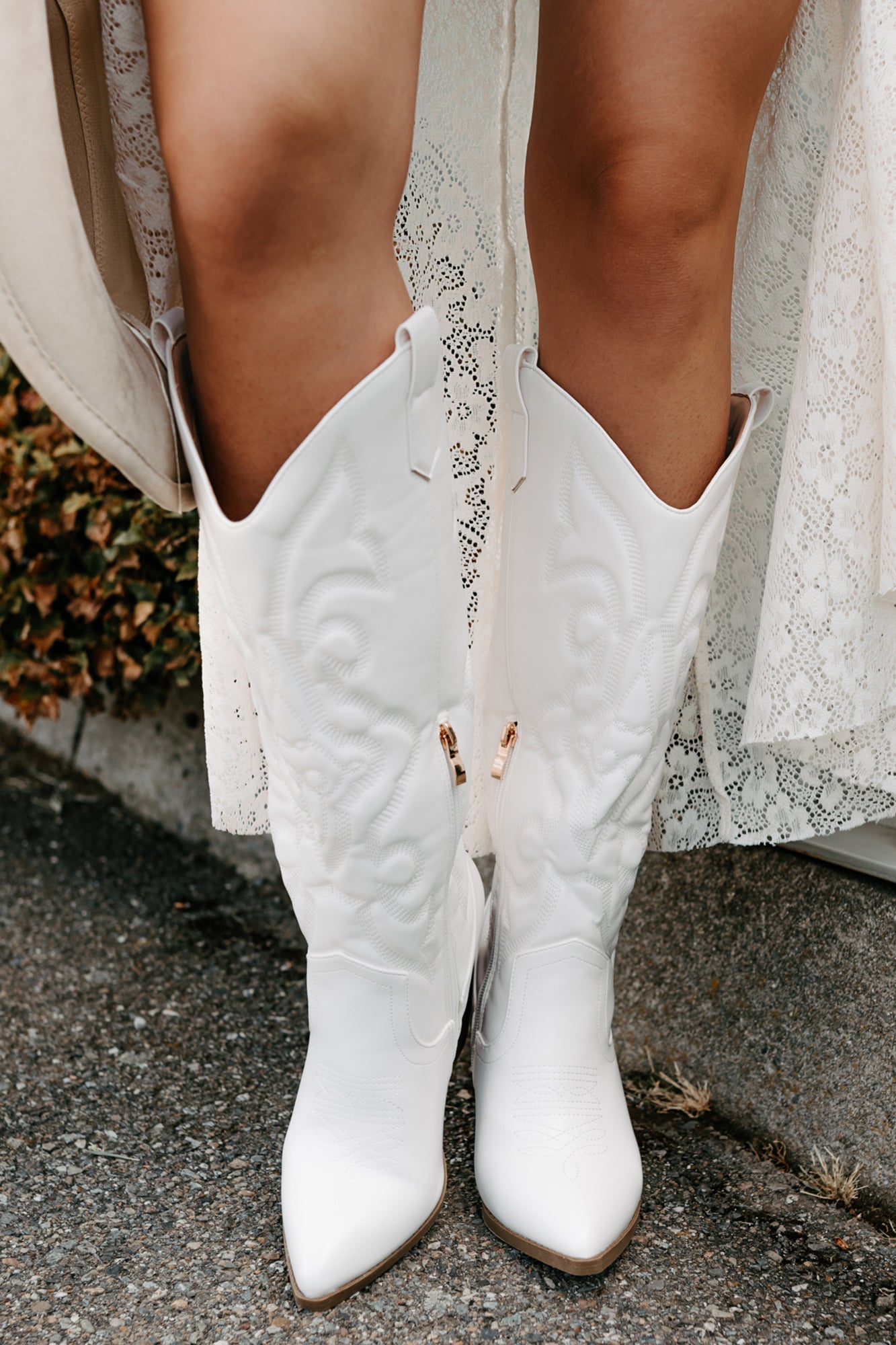 Didn't Come To Play Faux Leather Cowgirl Boots (White)
