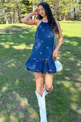 Graceful Grit Halter Floral Mini Dress (Dark Denim)