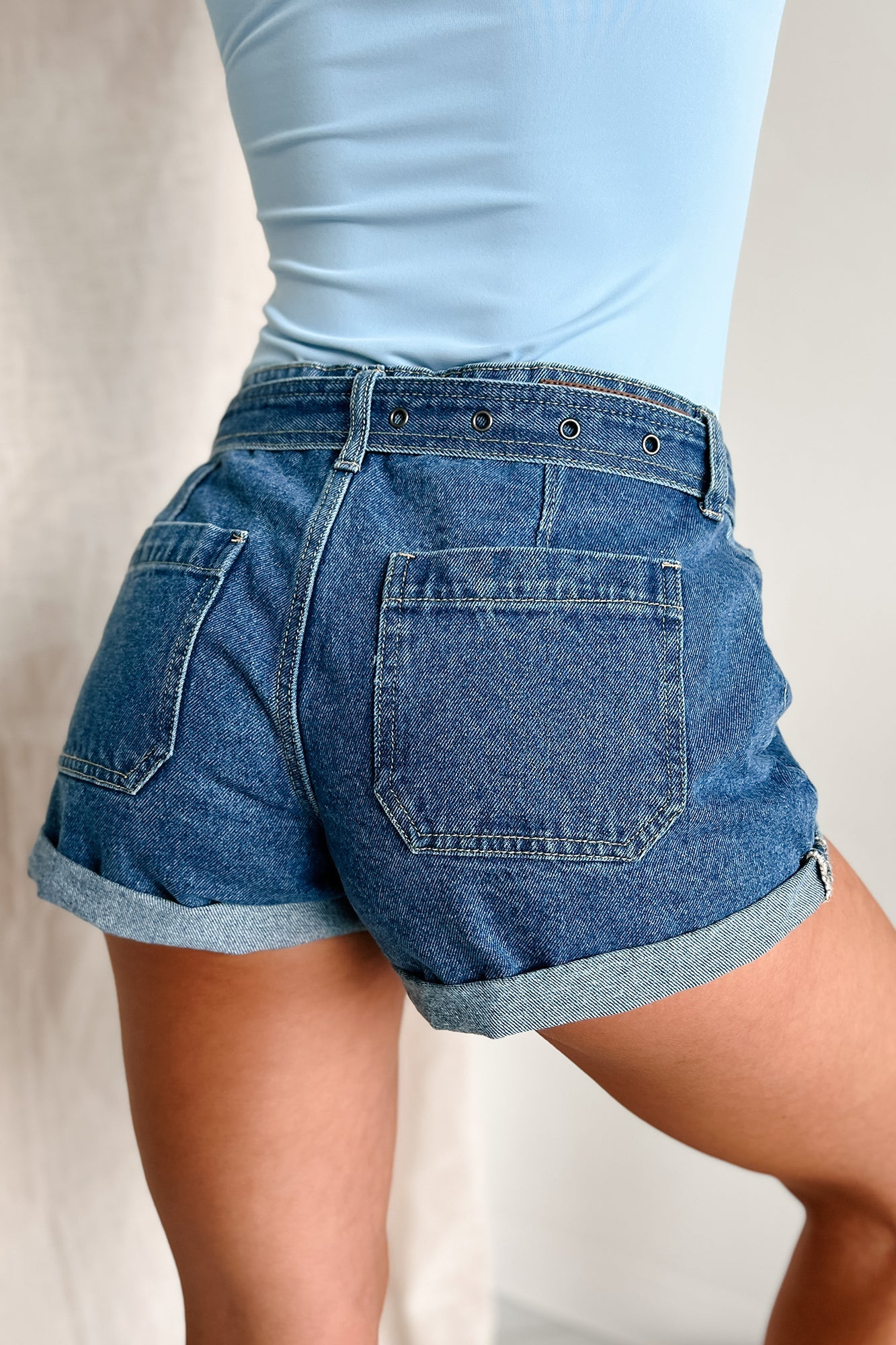 Valerie Low Rise Cuff Hem Cello Denim Shorts (Medium Denim)