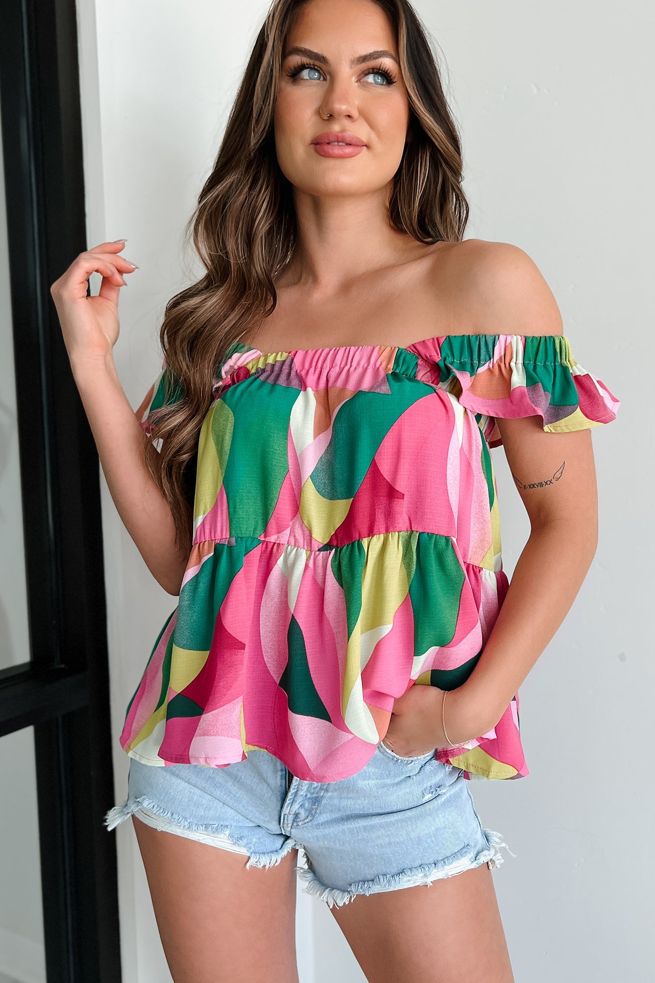 Strawberry Fields Printed Ruffle Babydoll Top (Fuchsia)