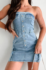 Brandy Strapless Cargo Denim Mini Dress (Light Denim)