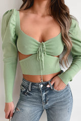 Focal Point Ruched Cut-Out Puff Sleeve Crop Top (Sage)