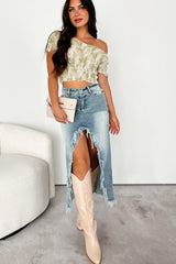Tribute To The Past Bubble Smocked Crop Top (Olive/White)