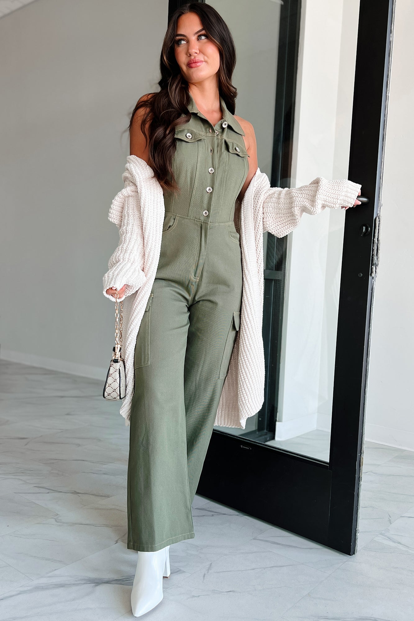 Social Call Denim Halter Cargo Jumpsuit (Olive)