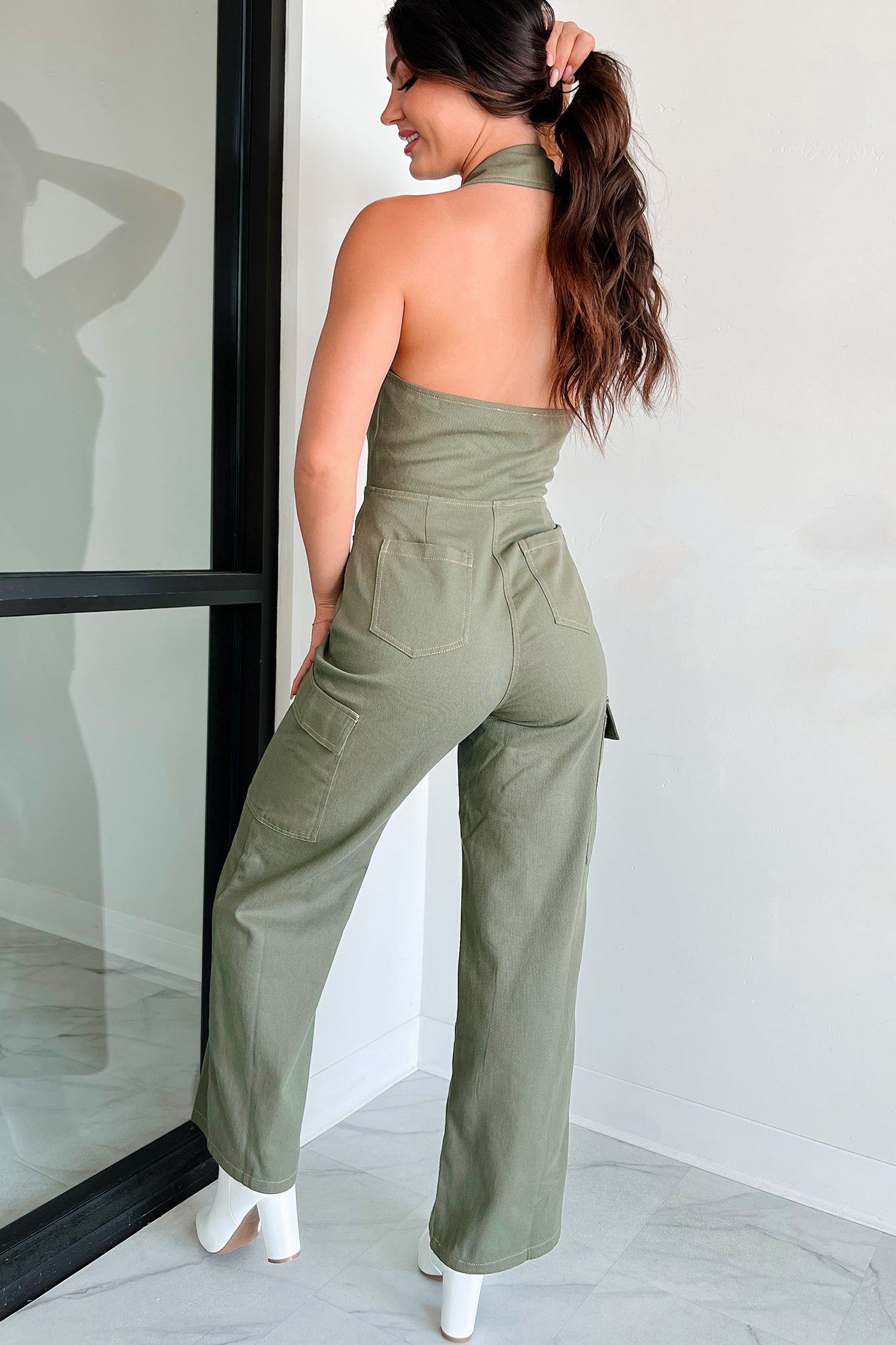 Social Call Denim Halter Cargo Jumpsuit (Olive)