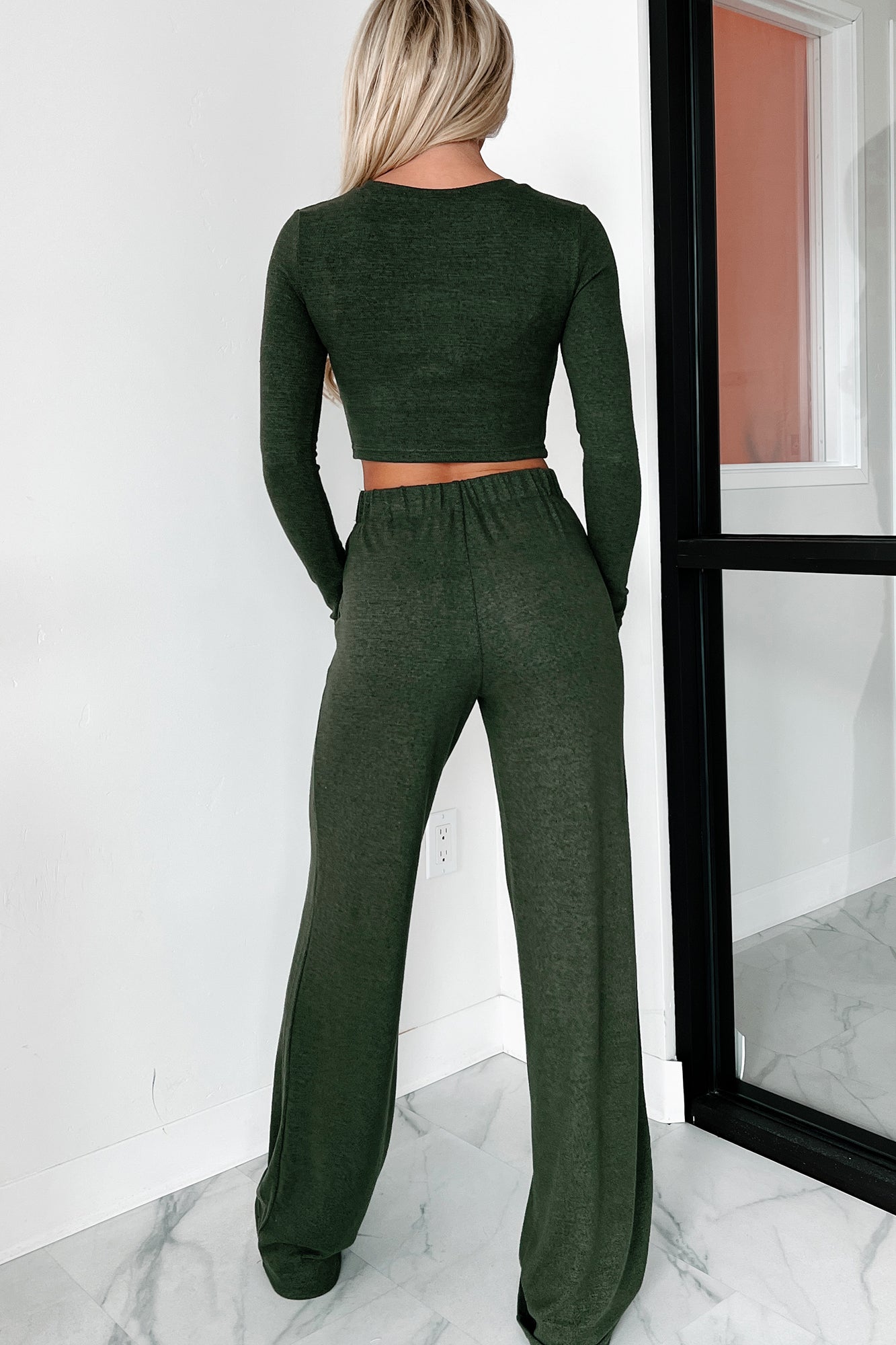 Asa Heathered Knit Crop Top & Pants Set (Olive)