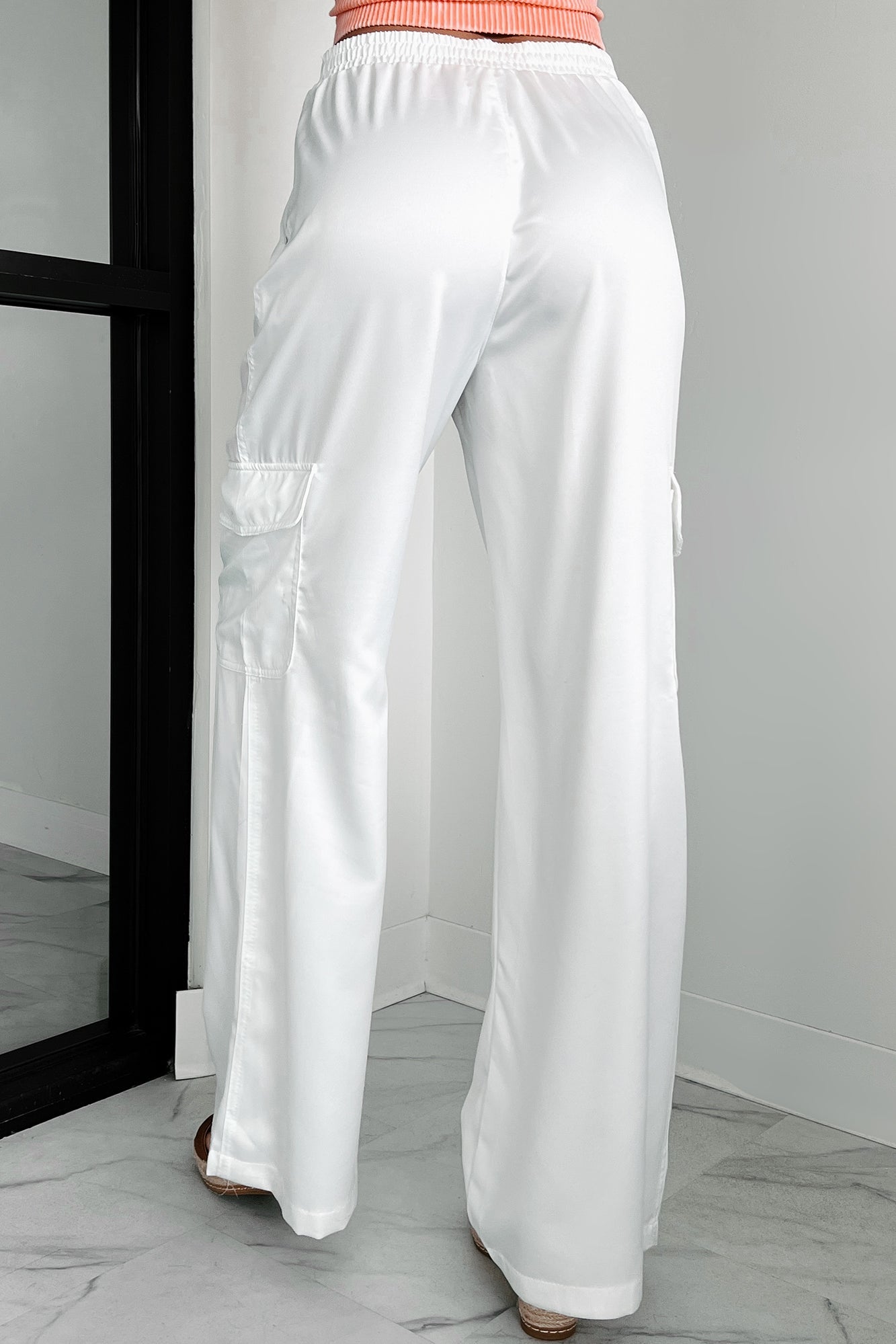 Clearing The Air Wide Leg Satin Cargo Pants (Off White)