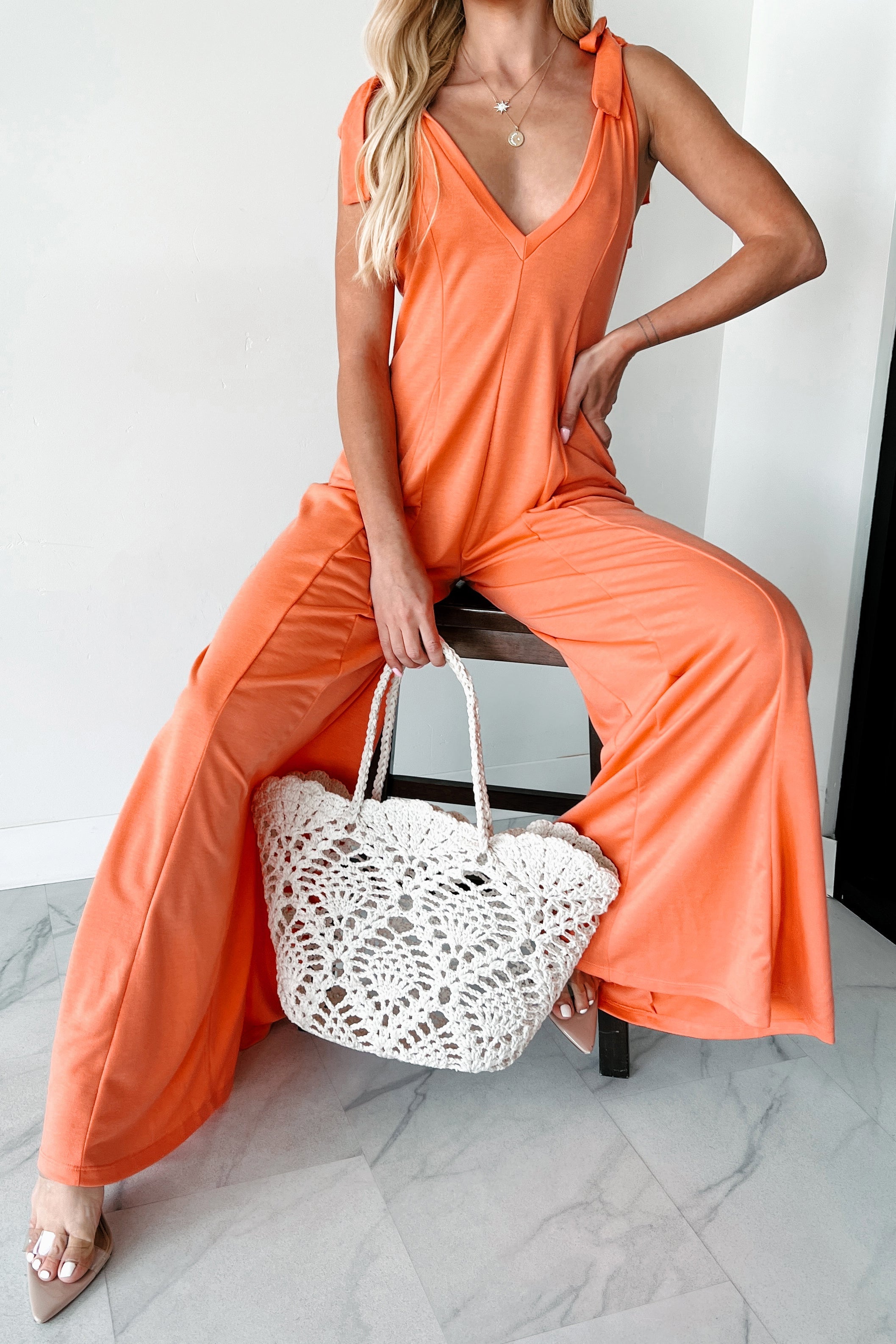 Iconic Comfort Shoulder Tie Wide Leg Jumpsuit (Light Peach)