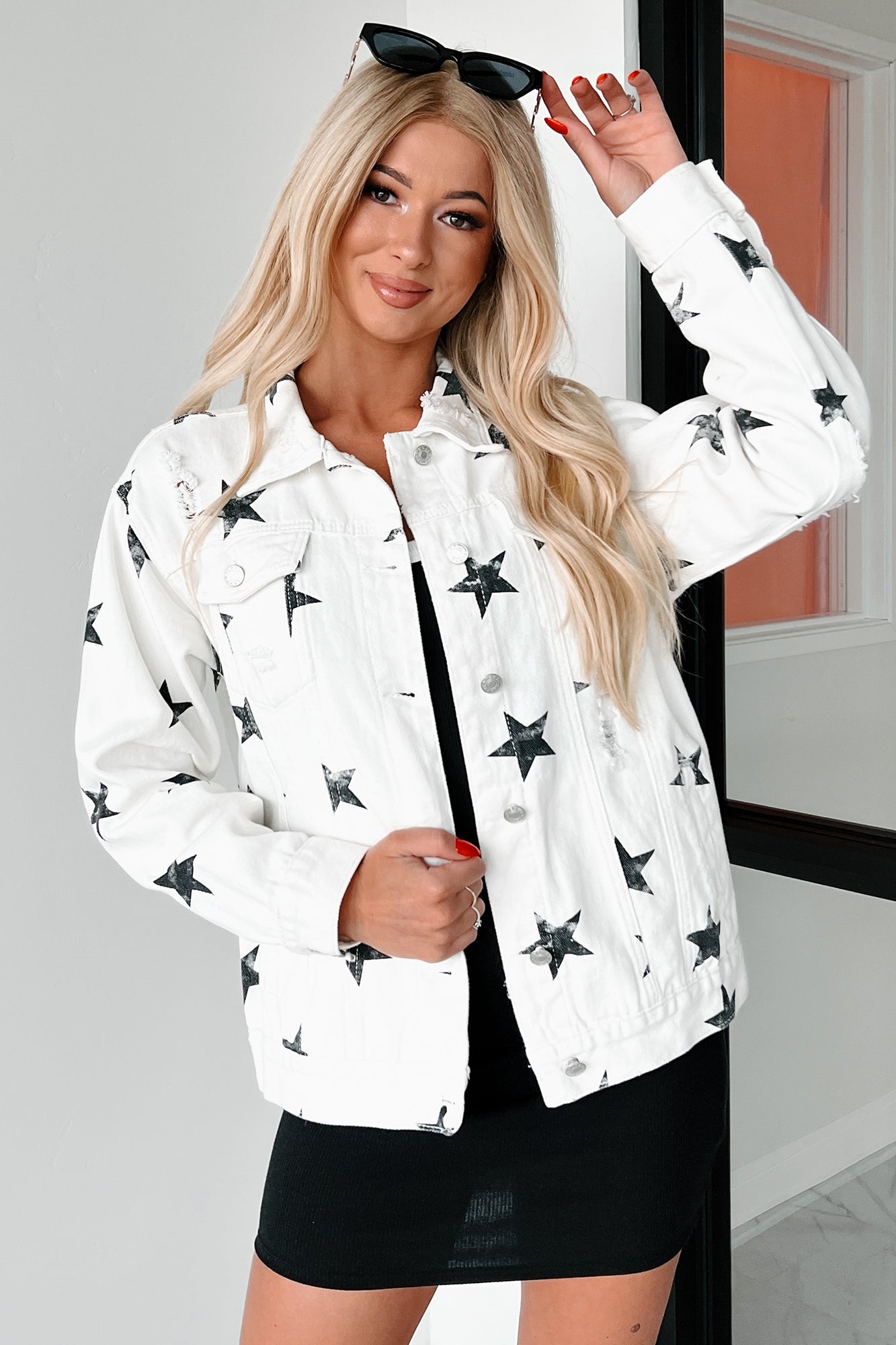 Reach For The Stars Distressed Denim Star Print Jacket (Off White)