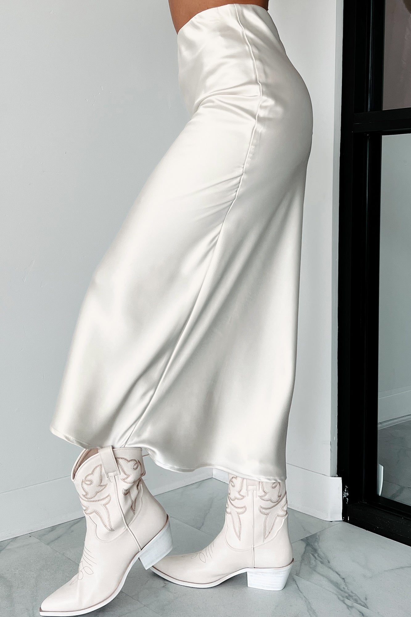 Posh Direction Satin Midi Skirt (Cream)