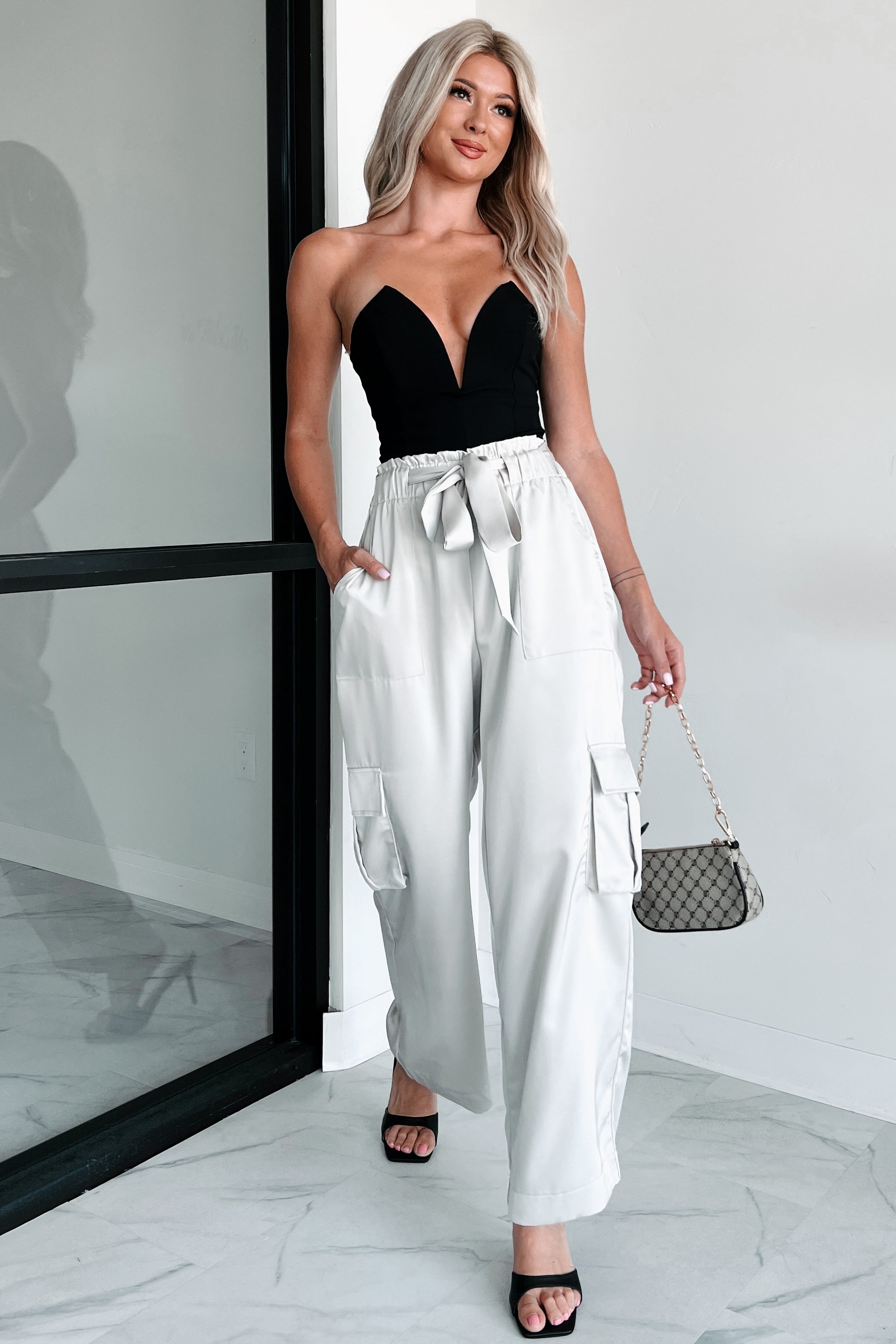 DOORBUSTER Happy Hour Hangs Satin Cargo Pants (Light Grey)