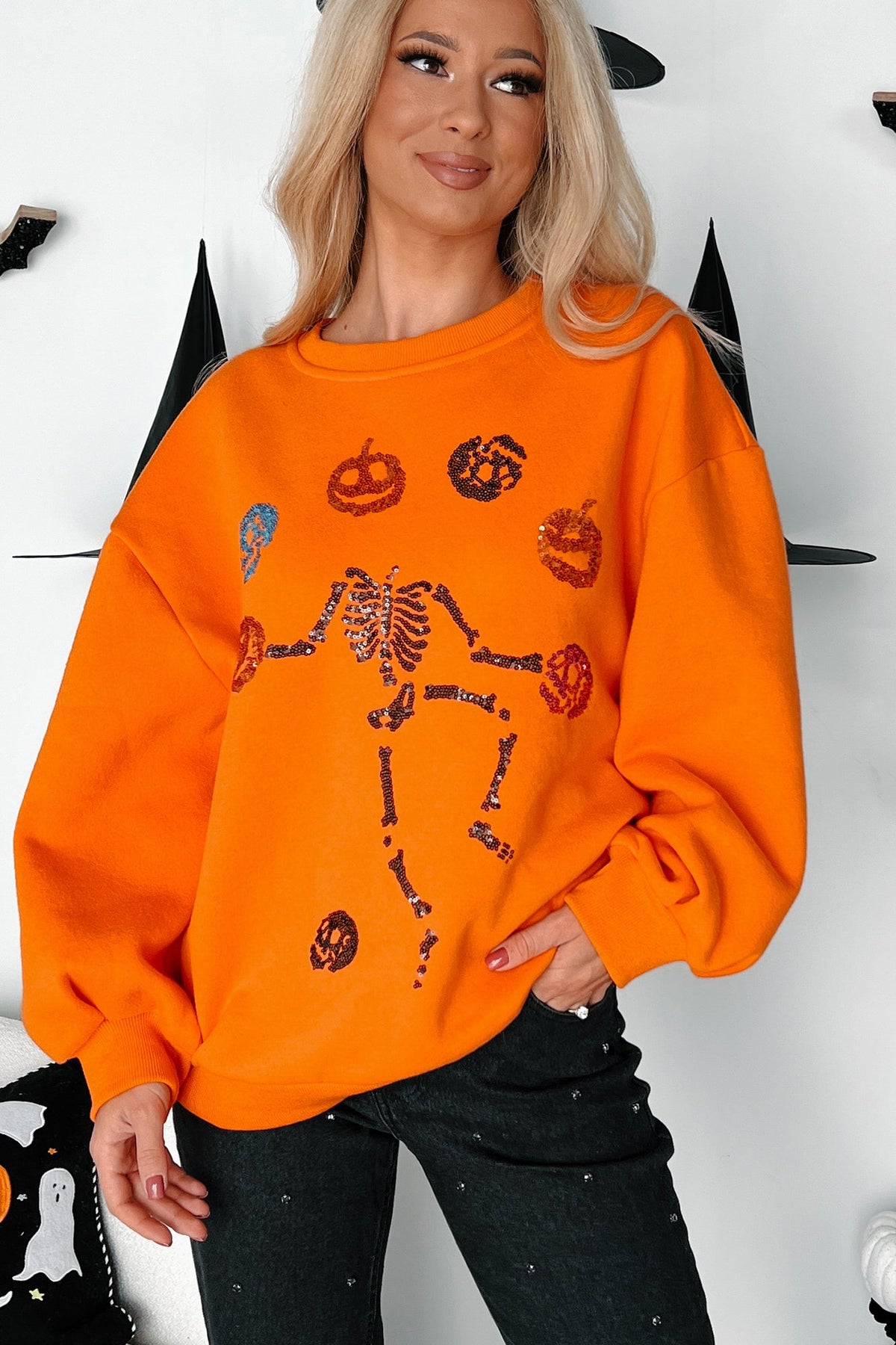 Dancing Critters Sequin Halloween Crewneck (Pumpkin)