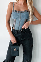 DOORBUSTER Subtle Slay Denim Plaid Zip-Front Tank Top (Blue Denim)